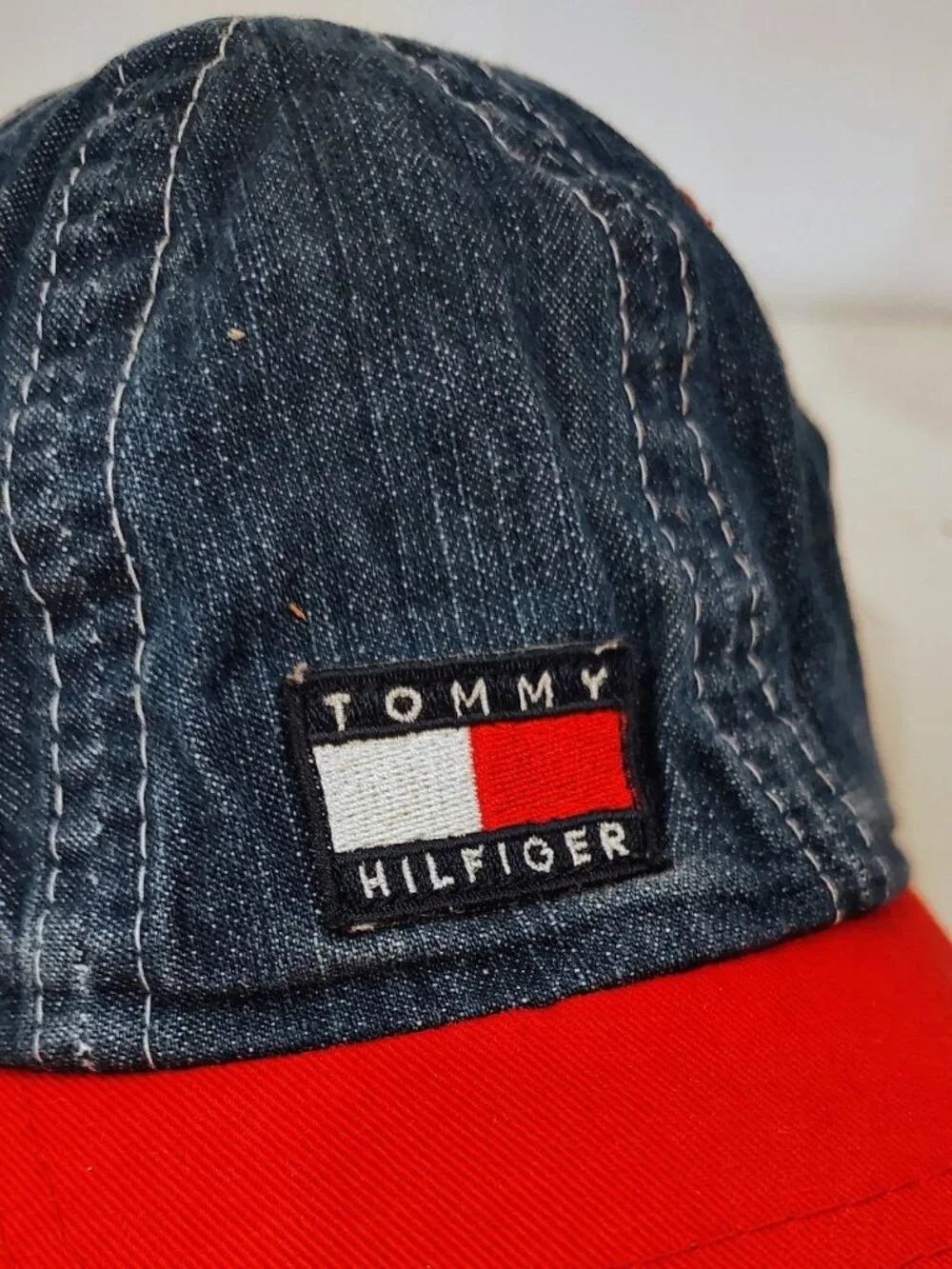 Vintage 1990s TOMMY HILFIGER Blue/Red Denim Cap For Infant/Toddler Hat EUC